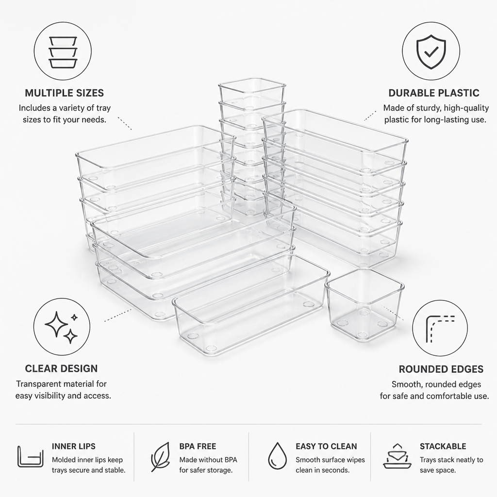 Multi-Size Plastic Drawer Organizer Set