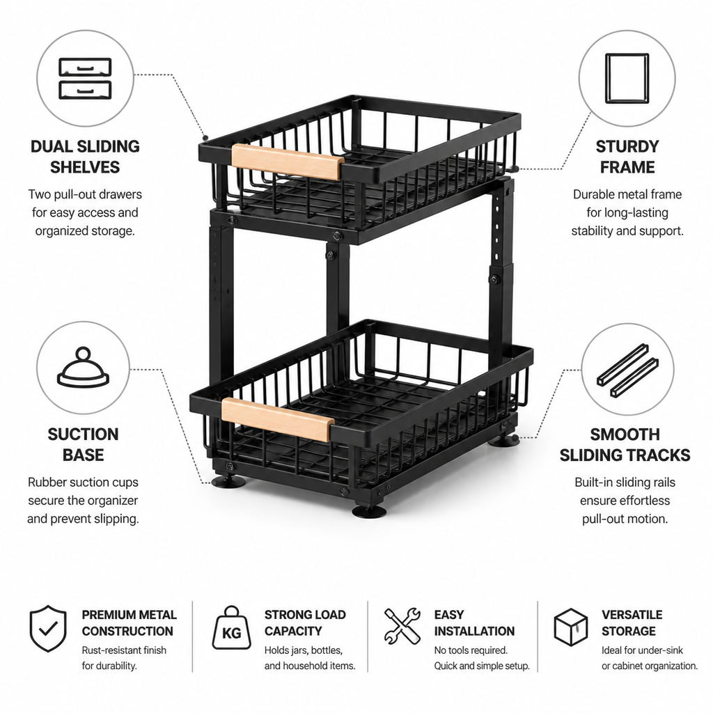 Under-Cabinet Dual Sliding Metal Organizer (Suction-Base)