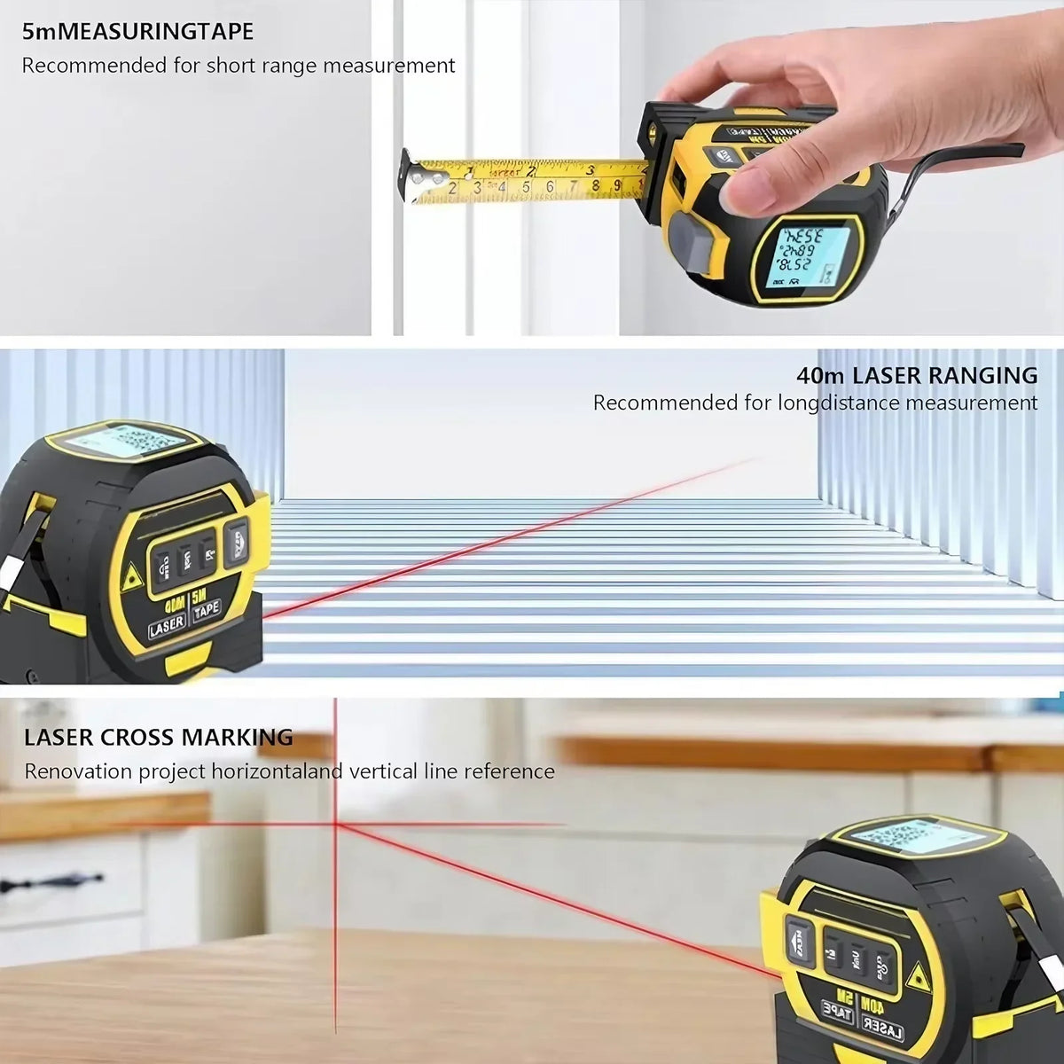Versatile 3-in-1 Laser Distance Measurer with Steel Tape