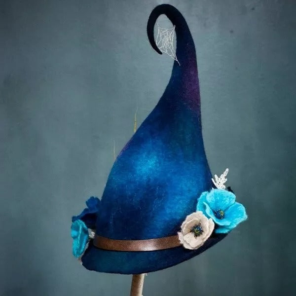 Magical Elegance: Artisan Wool Witch Hat with Chiffon Touches
