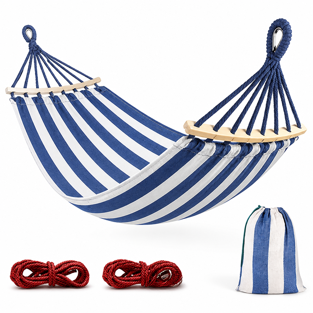 Canvas Camping Hammock with Curved Wooden Spread Bars