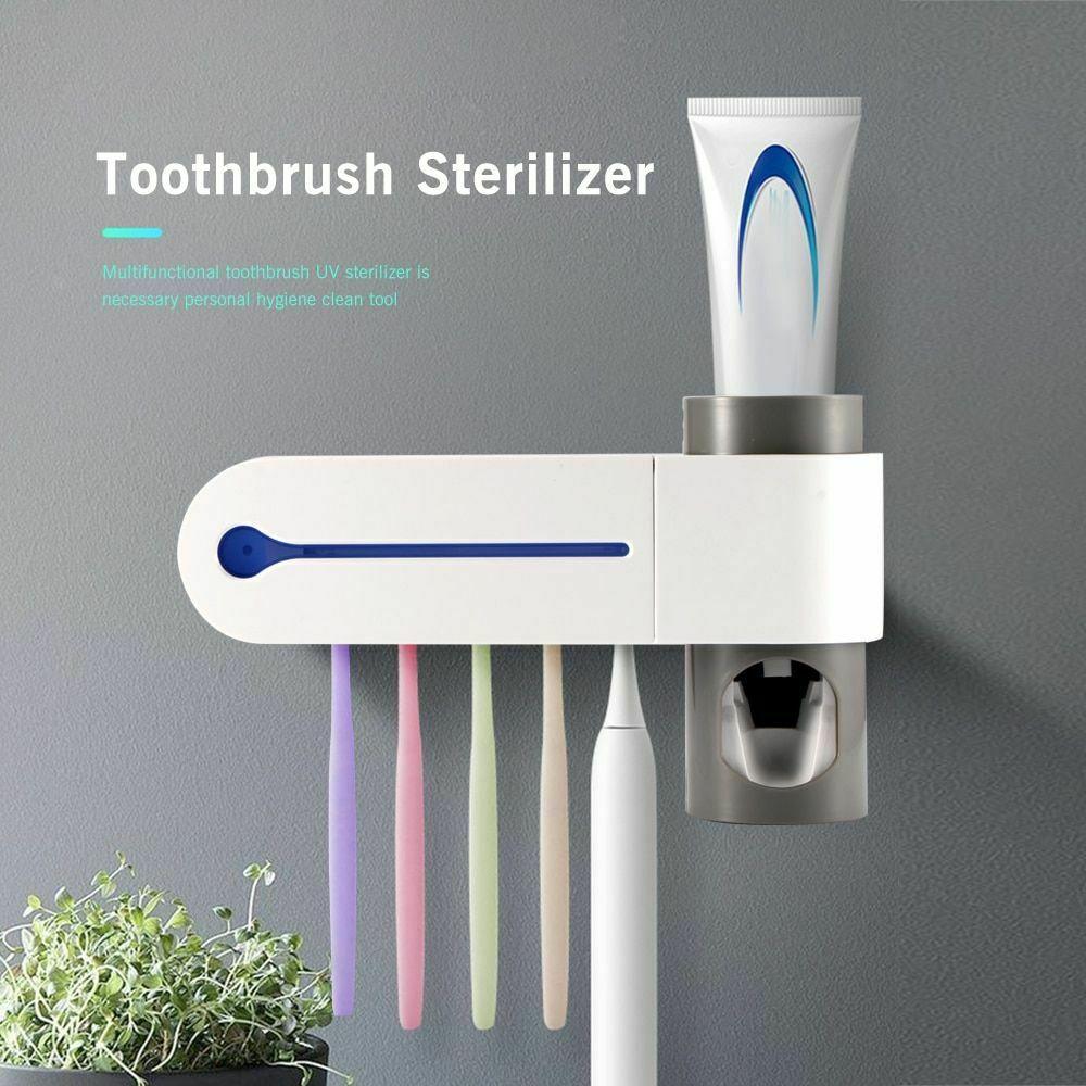 Sanitizing Toothbrush Organizer with Integrated Toothpaste Dispenser