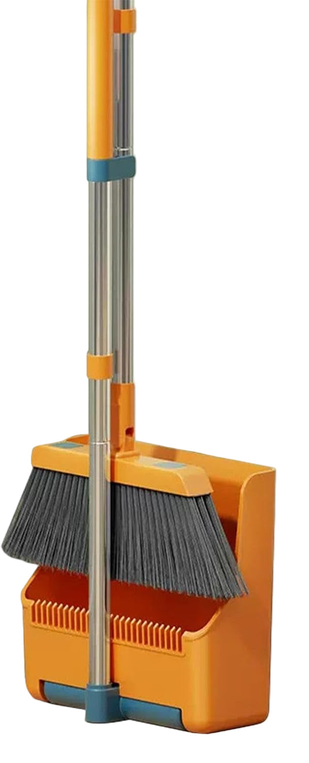 Broom and Dustpan Set with Long Handle and 180° Swiveling Head