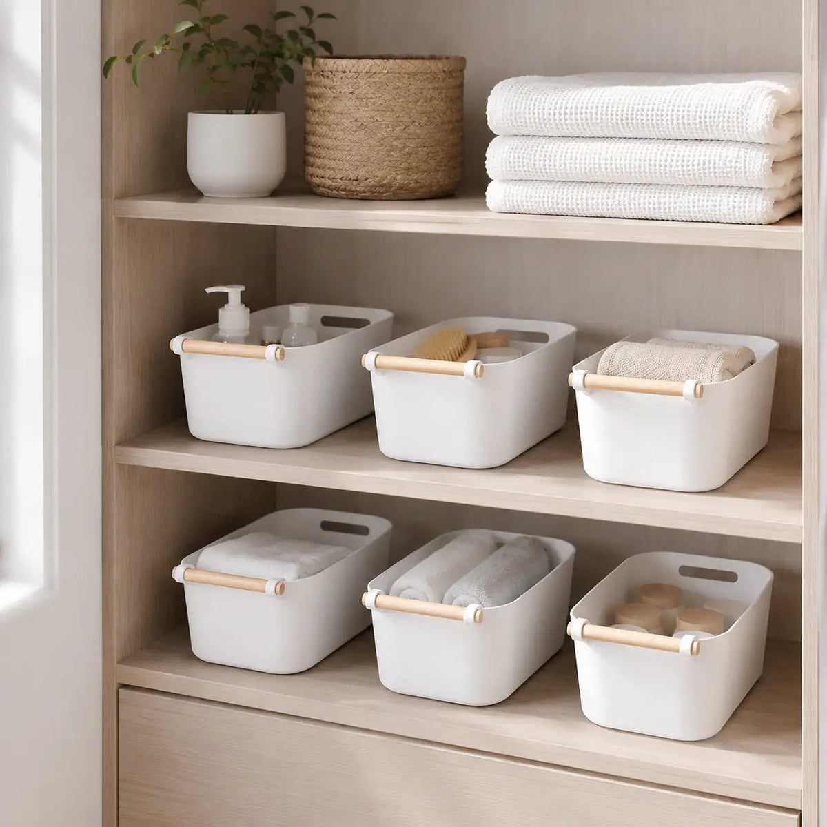 Versatile Open-Top Storage Bin with Stylish Wooden Handles