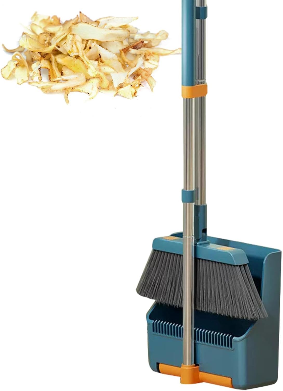 Broom and Dustpan Set with Long Handle and 180° Swiveling Head