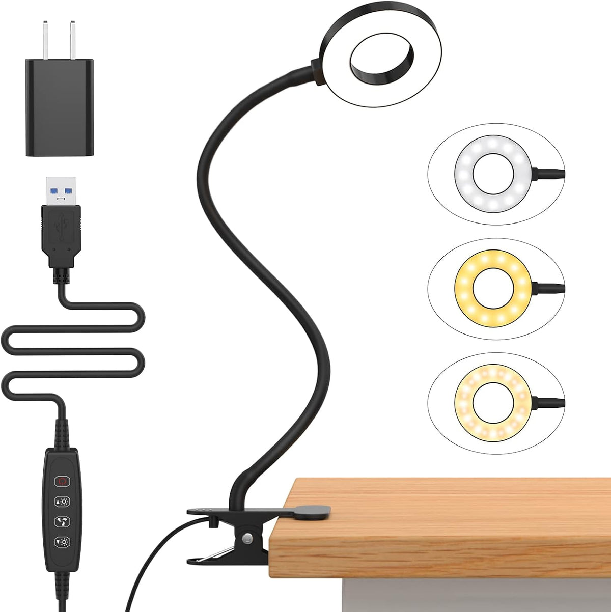 Flexible Gooseneck Desk Lamp with 3 Color Modes – Clip-On Design