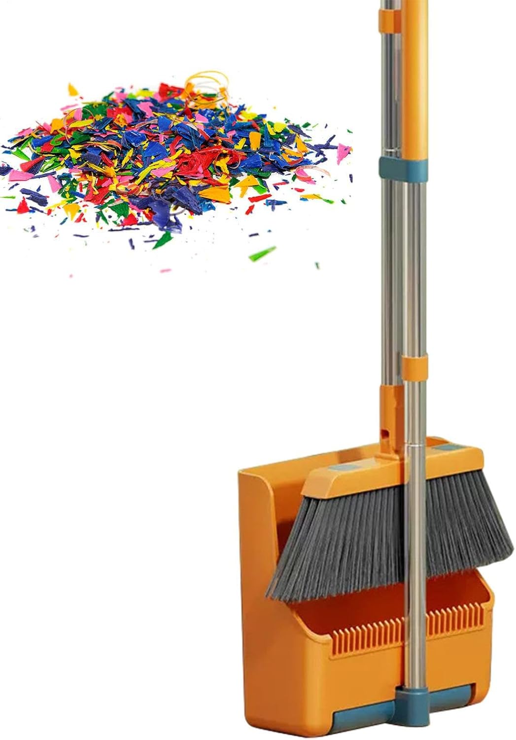 Broom and Dustpan Set with Long Handle and 180° Swiveling Head