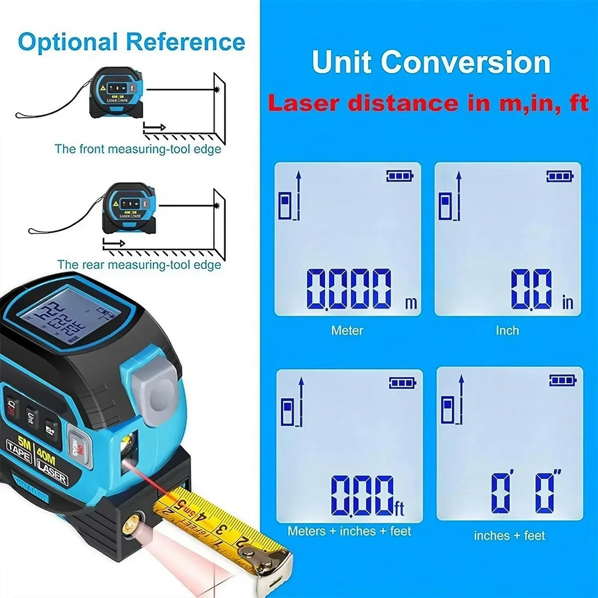 Versatile 3-in-1 Laser Distance Measurer with Steel Tape