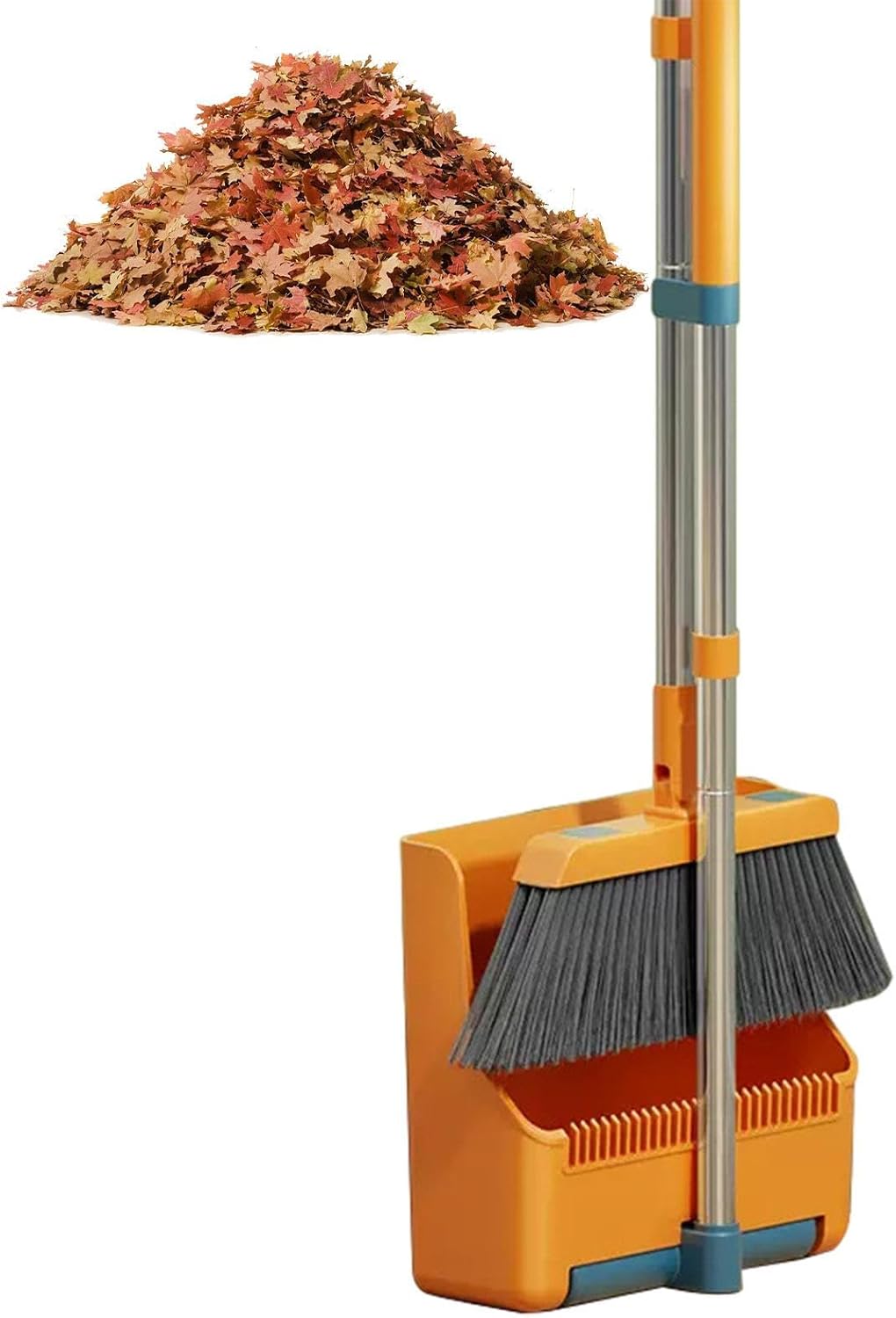 Broom and Dustpan Set with Long Handle and 180° Swiveling Head