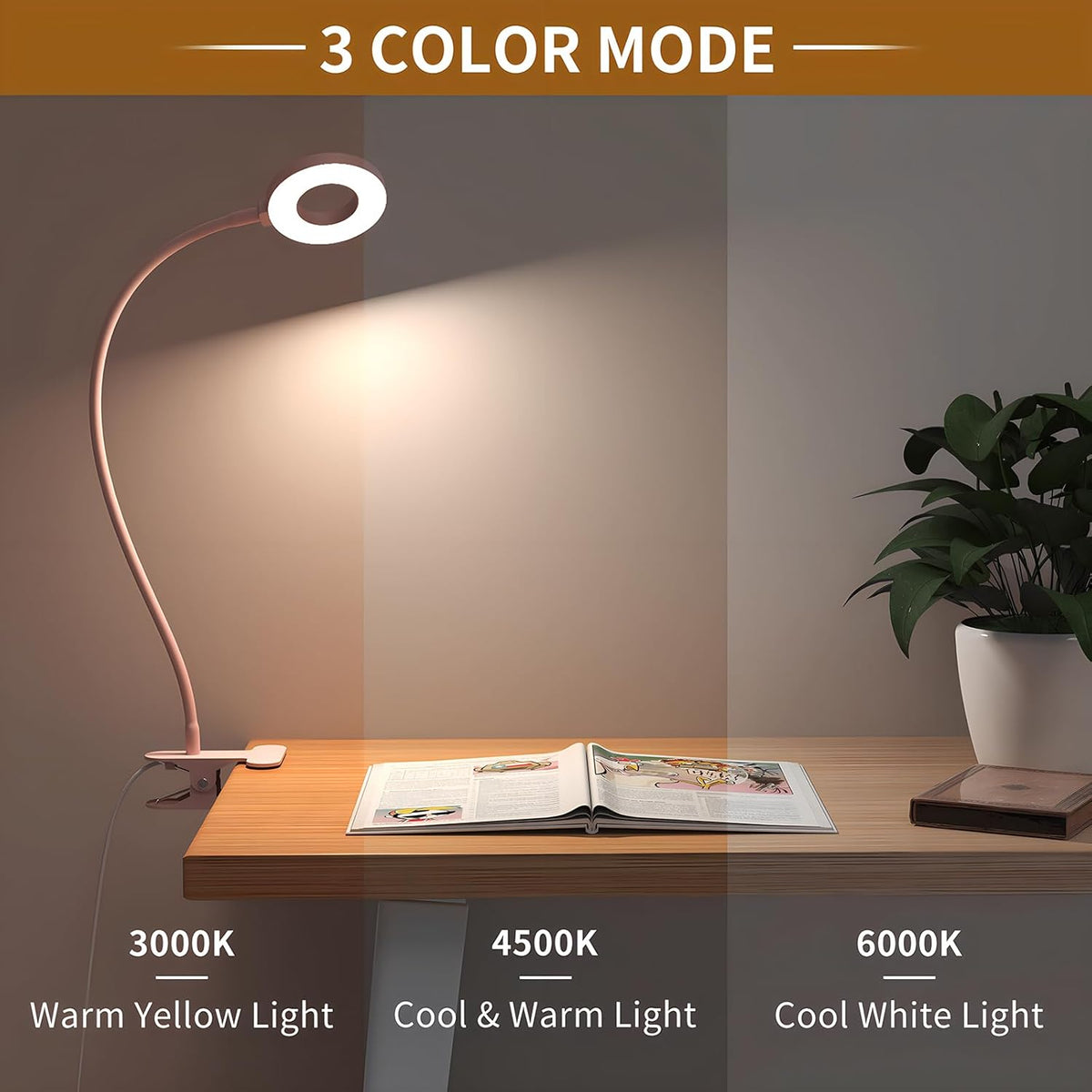 Flexible Gooseneck Desk Lamp with 3 Color Modes – Clip-On Design