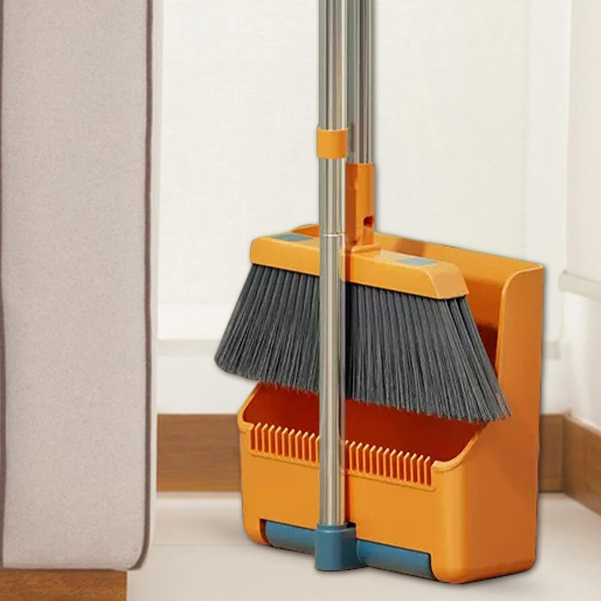 Broom and Dustpan Set with Long Handle and 180° Swiveling Head