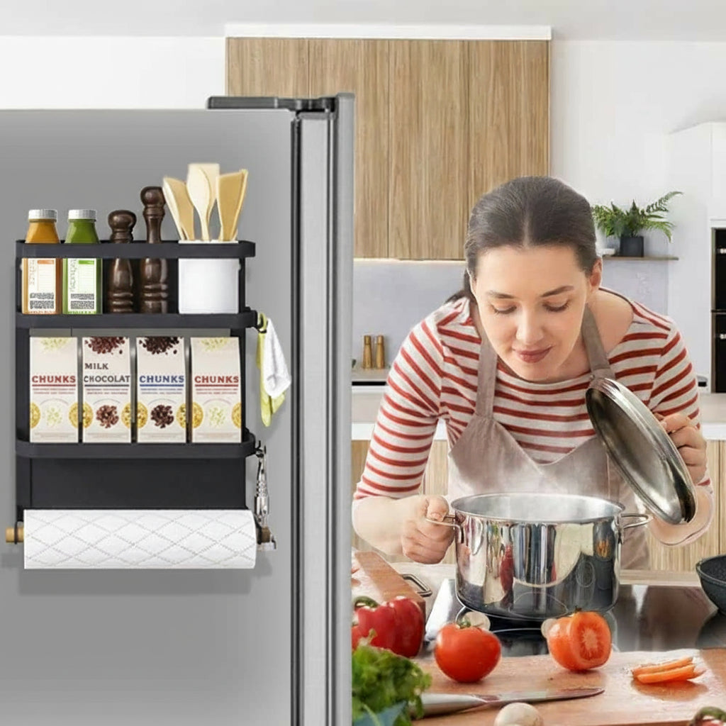 Kitchen Roll Holder with Magnetic Spice Rack for Refrigerator