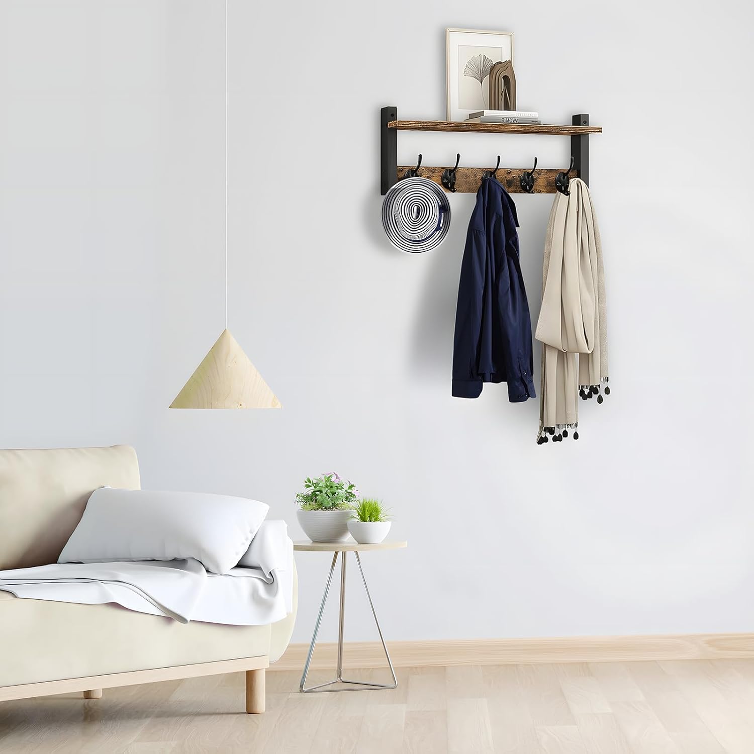 Coat Rack with Shelf and 5 Metal Hooks for Wall Mounting