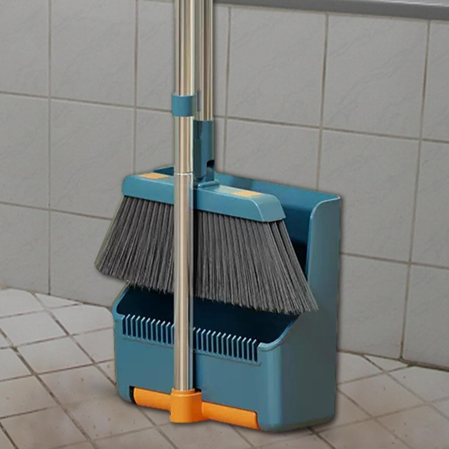 Broom and Dustpan Set with Long Handle and 180° Swiveling Head