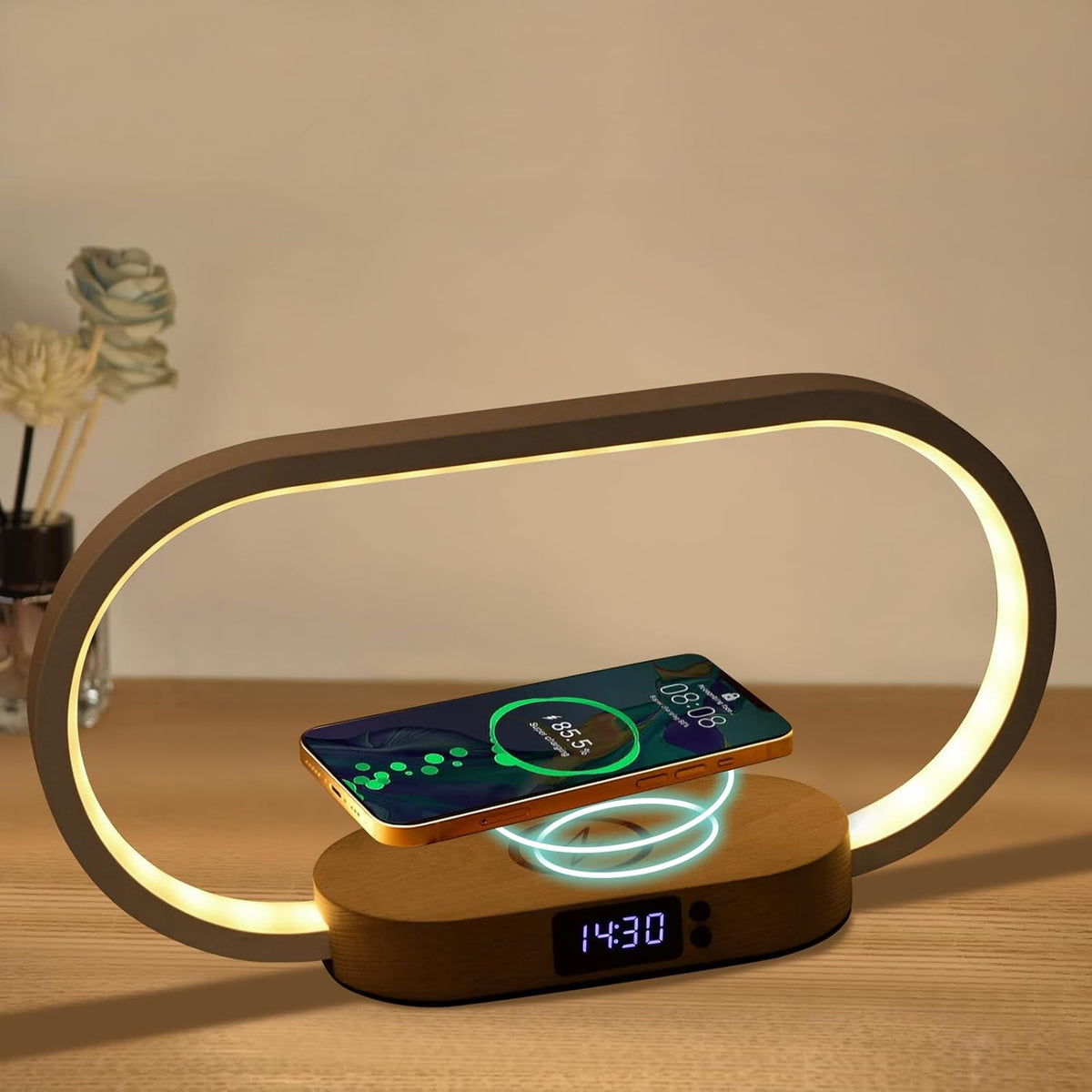 Table Lamp with Wireless Charging and Clock Function