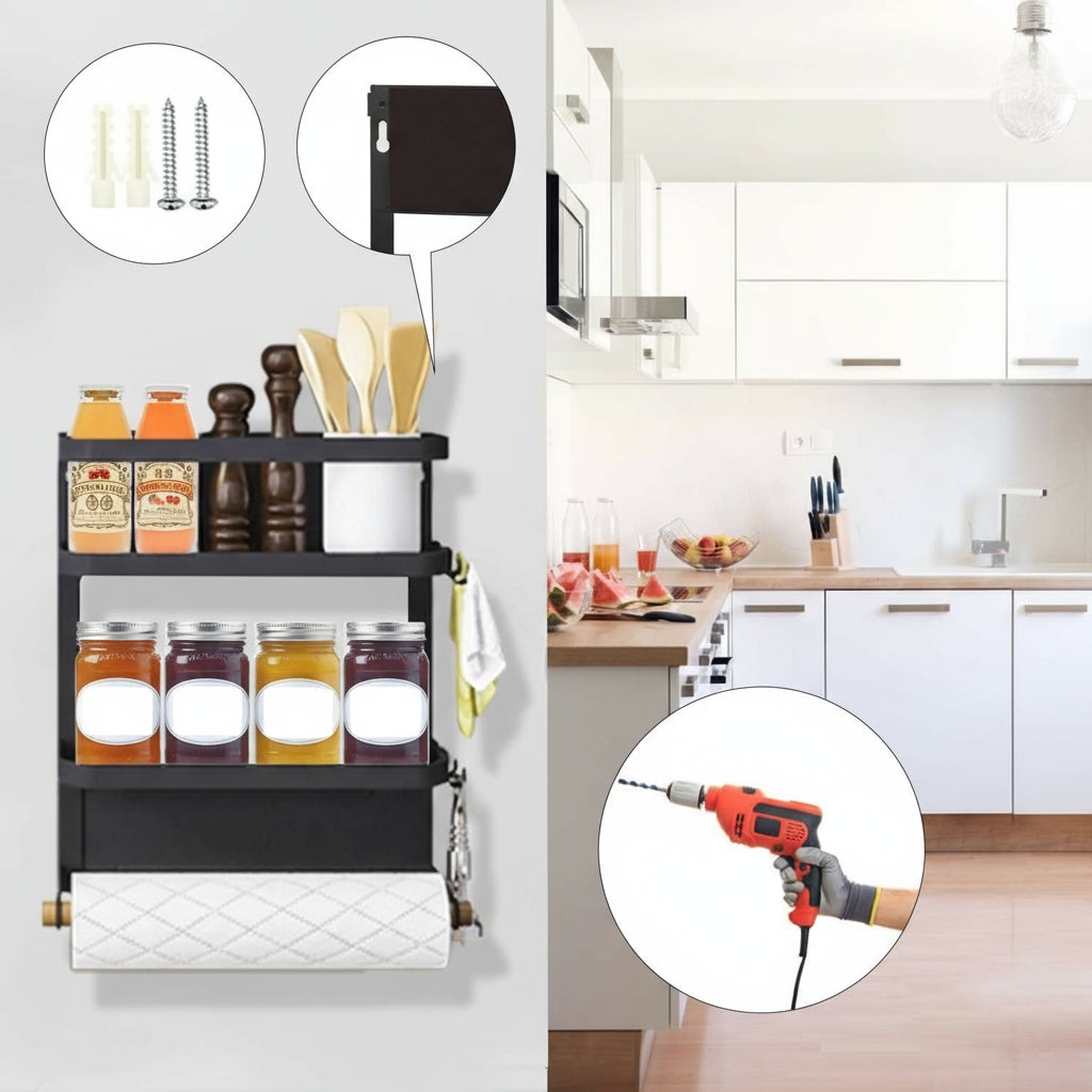 Kitchen Roll Holder with Magnetic Spice Rack for Refrigerator