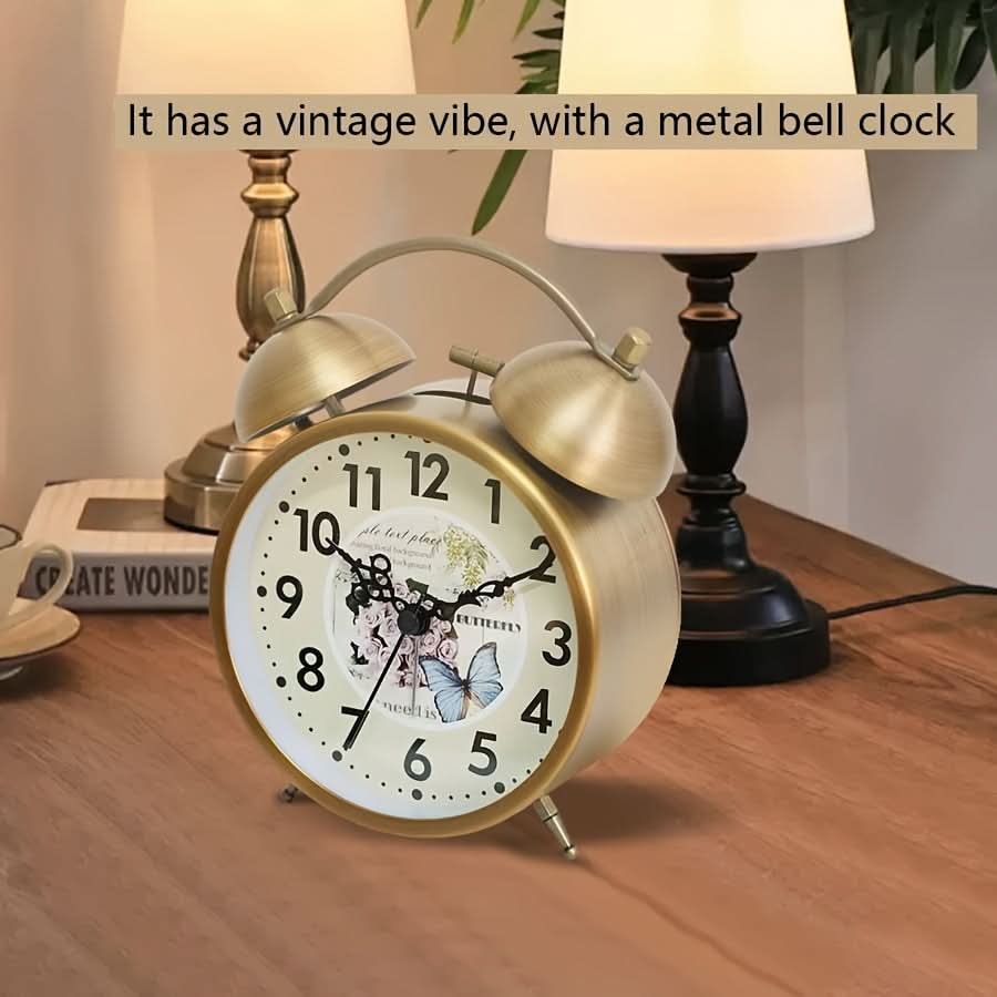 Nordic Charm - Vintage Twin Bell Alarm Clock with Glow-In-The-Dark Hands