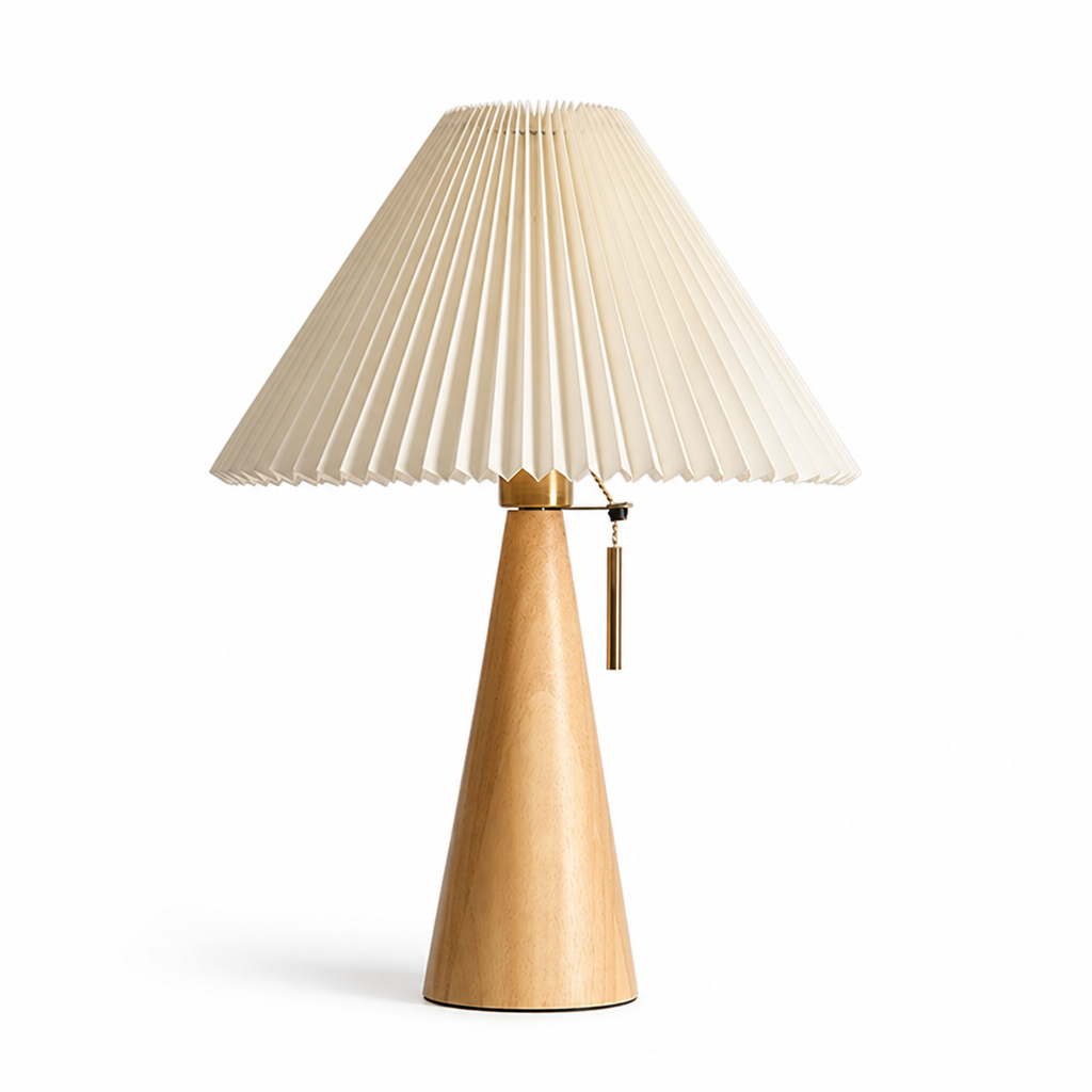 Pleated Fabric Shade & Conical Wood Base Table Lamp (Diameter 40cm x Height 50cm)