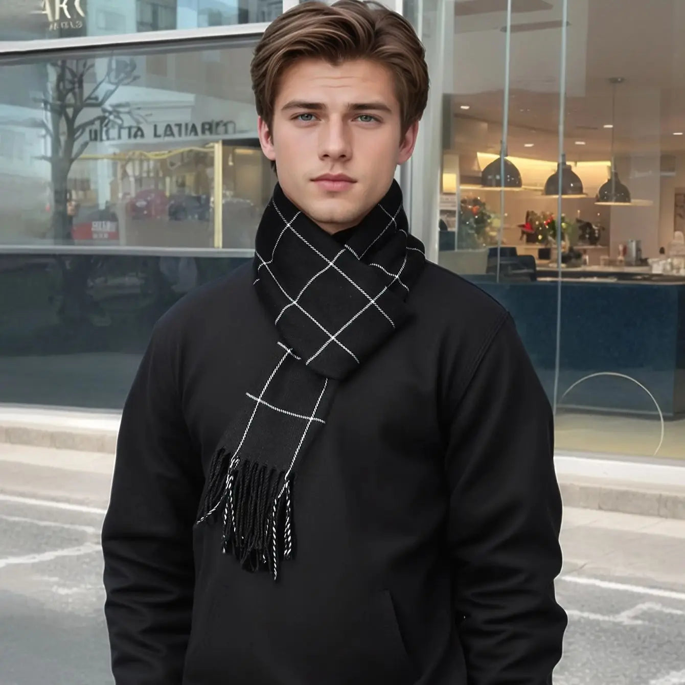 Elegant Plaid Cashmere Blend Winter Scarf for Men