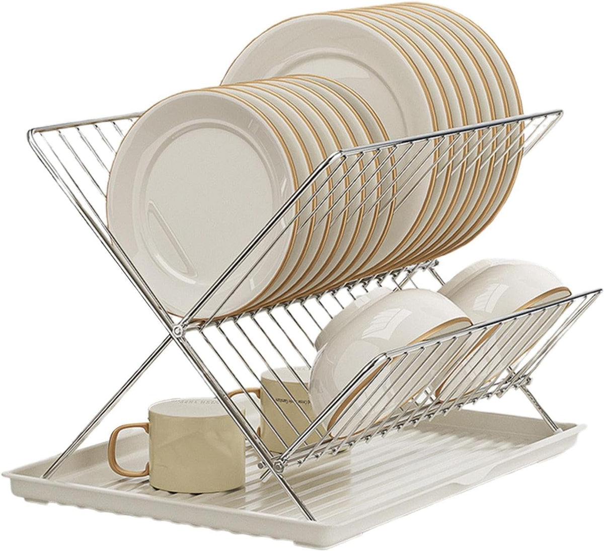 2-Tier Kitchen Drying Rack with Removable Tray – Foldable Dish Drainer