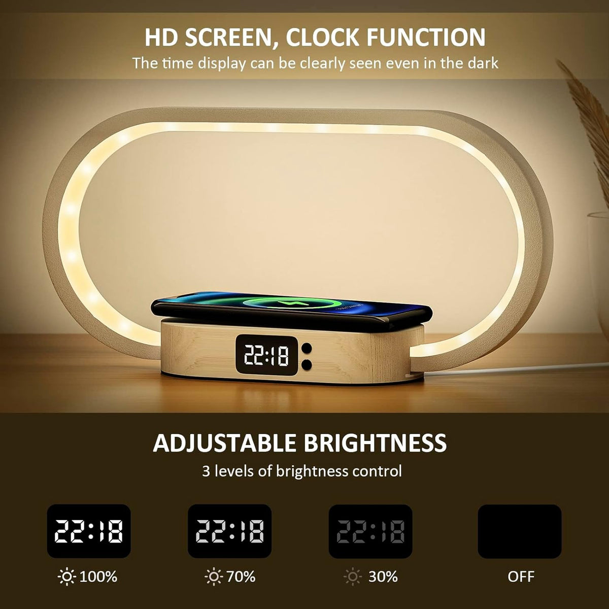Table Lamp with Wireless Charging and Clock Function