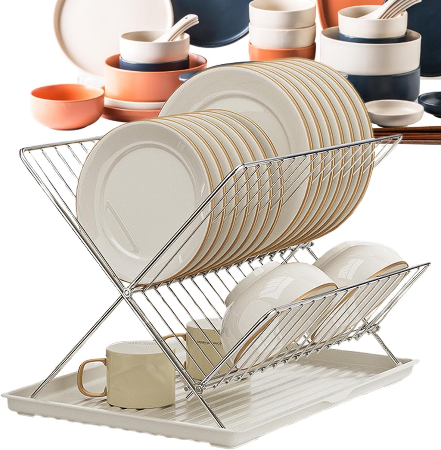 2-Tier Kitchen Drying Rack with Removable Tray – Foldable Dish Drainer