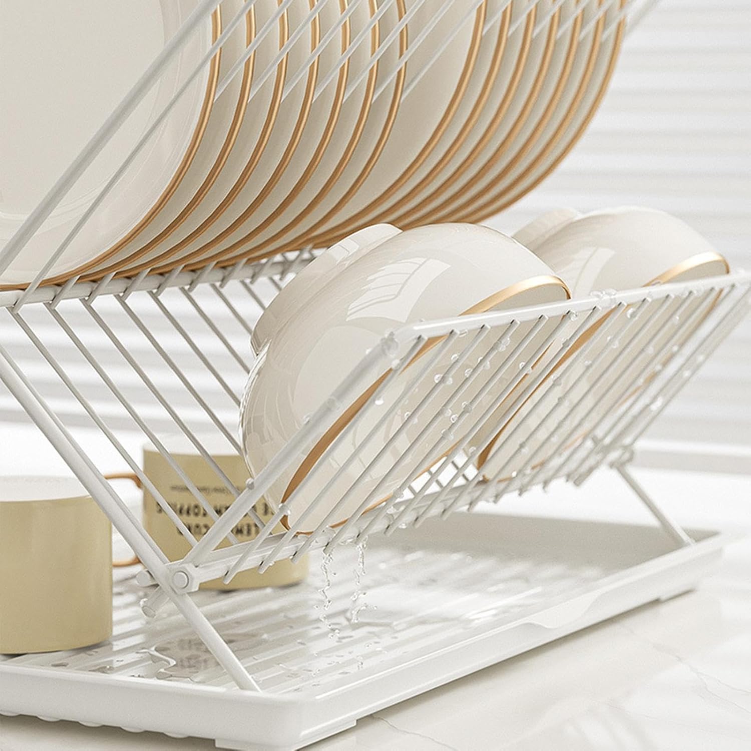 2-Tier Kitchen Drying Rack with Removable Tray – Foldable Dish Drainer