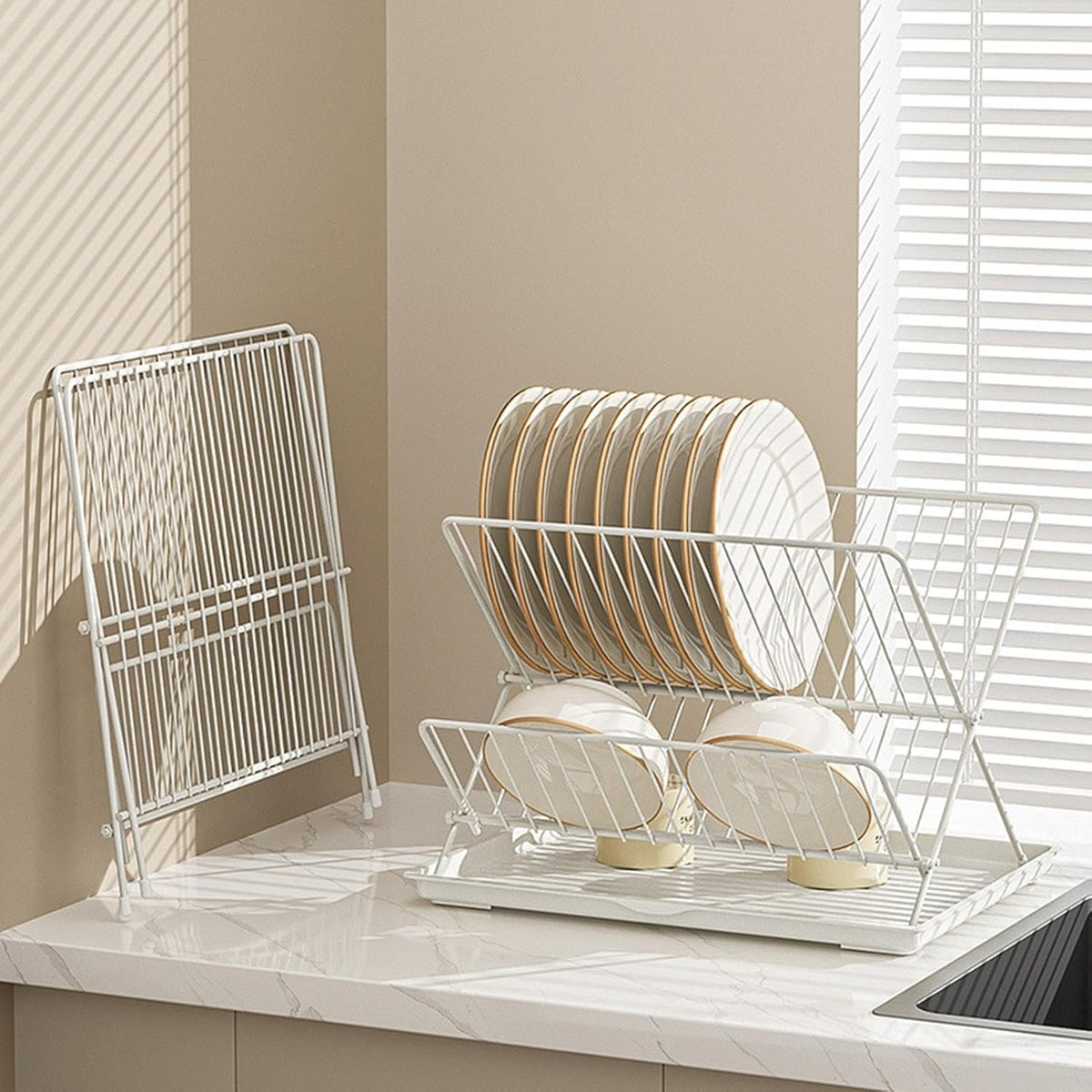 2-Tier Kitchen Drying Rack with Removable Tray – Foldable Dish Drainer
