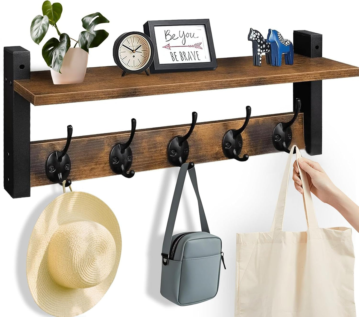 Coat Rack with Shelf and 5 Metal Hooks for Wall Mounting