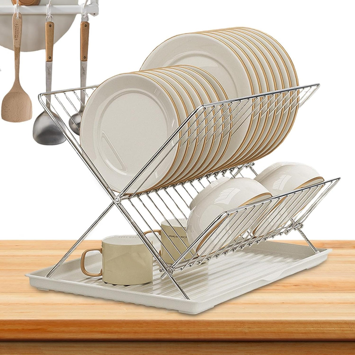 2-Tier Kitchen Drying Rack with Removable Tray – Foldable Dish Drainer