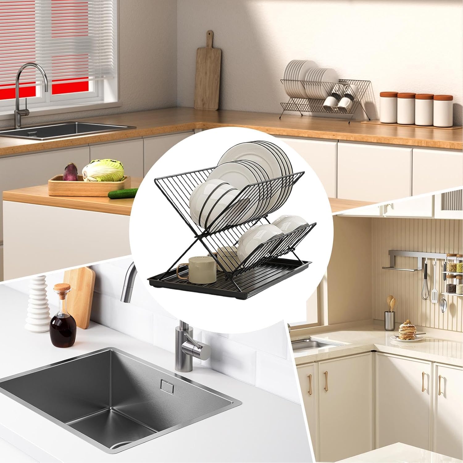2-Tier Kitchen Drying Rack with Removable Tray – Foldable Dish Drainer