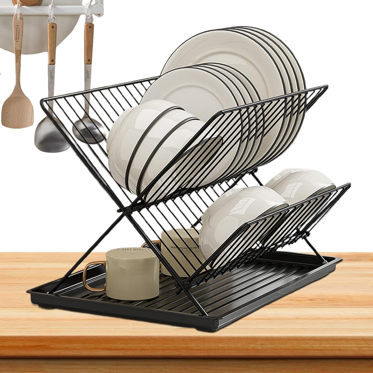 2-Tier Kitchen Drying Rack with Removable Tray – Foldable Dish Drainer