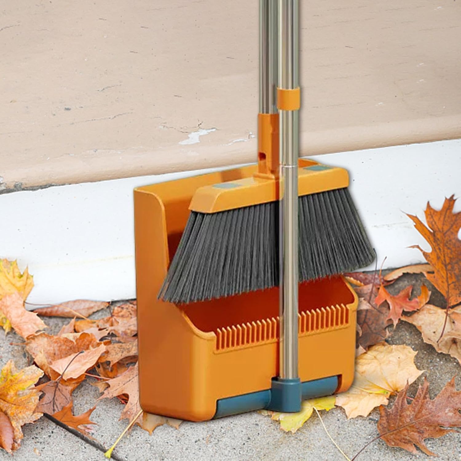 Broom and Dustpan Set with Long Handle and 180° Swiveling Head