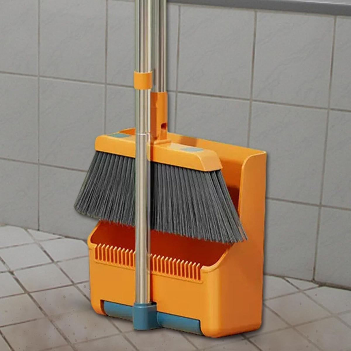 Broom and Dustpan Set with Long Handle and 180° Swiveling Head