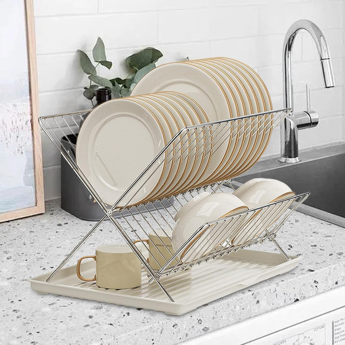 2-Tier Kitchen Drying Rack with Removable Tray – Foldable Dish Drainer