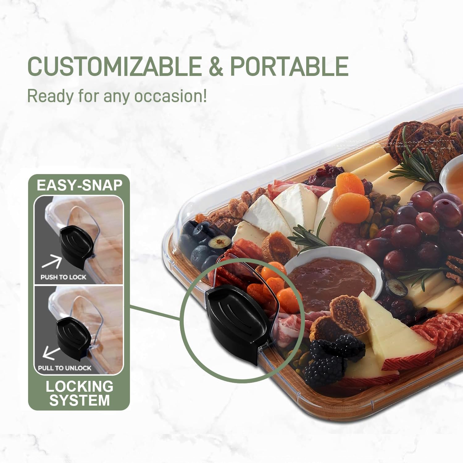 Lockable Clear Lid Bamboo Serving Tray for Charcuterie