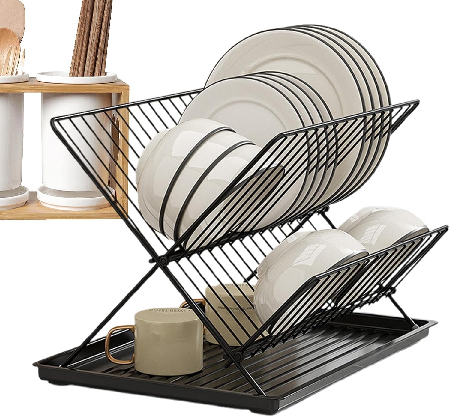 2-Tier Kitchen Drying Rack with Removable Tray – Foldable Dish Drainer