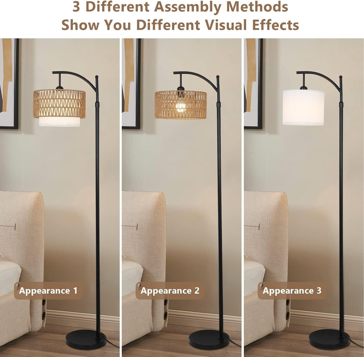 Remote-Controlled Arc Floor Lamp with Dual Lampshades