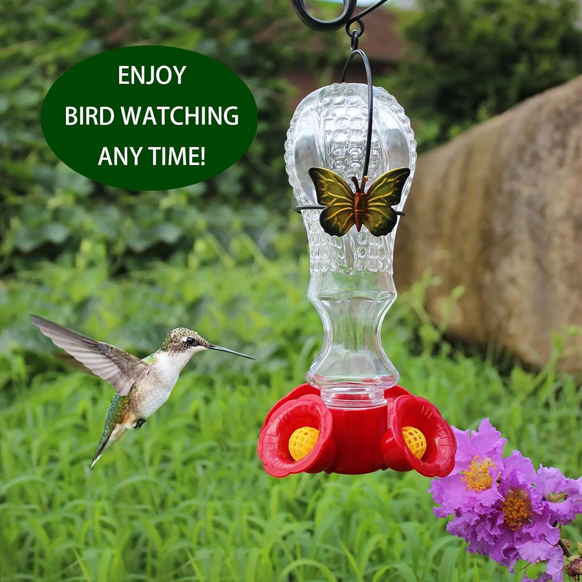 Vibrant Glass Hummingbird Feeder with Ant Barrier