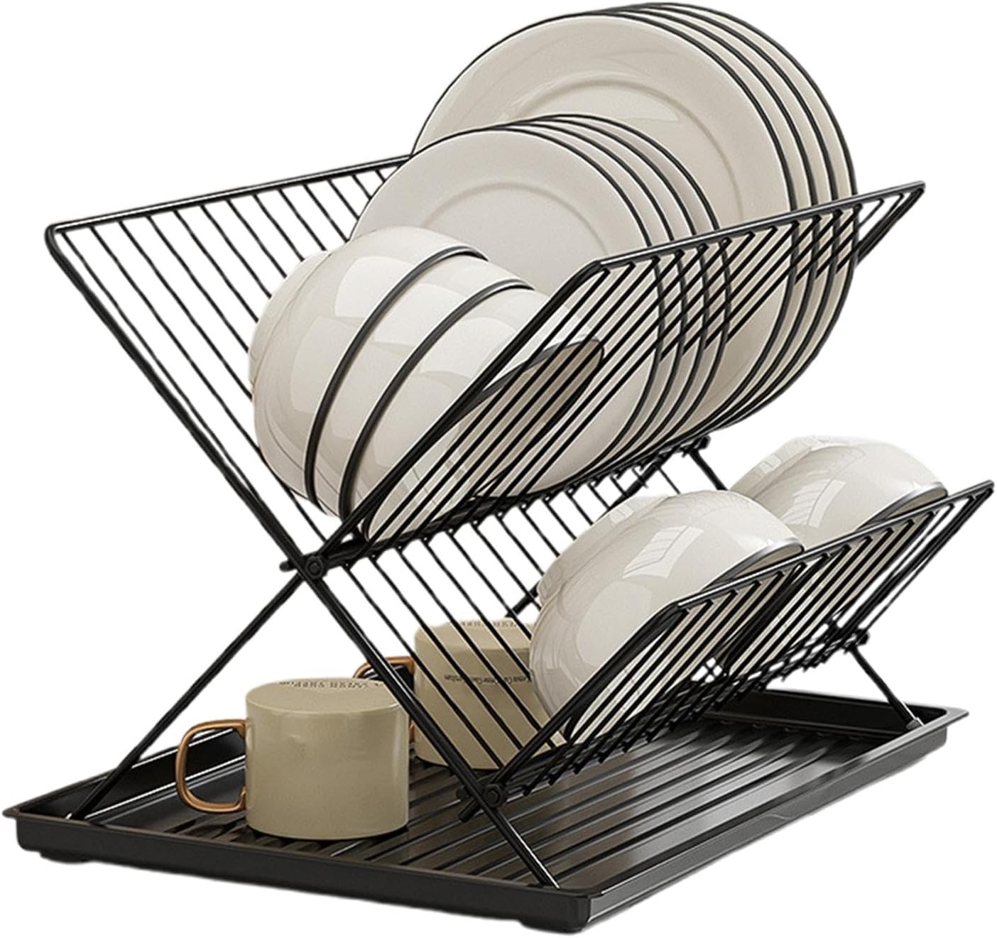 2-Tier Kitchen Drying Rack with Removable Tray – Foldable Dish Drainer