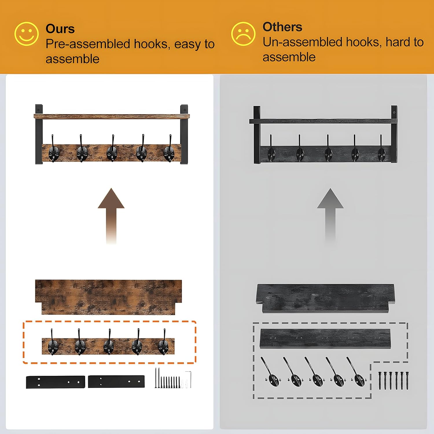 Coat Rack with Shelf and 5 Metal Hooks for Wall Mounting