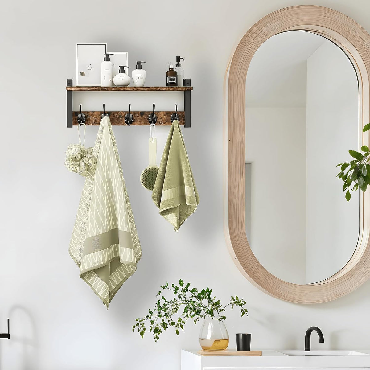 Coat Rack with Shelf and 5 Metal Hooks for Wall Mounting