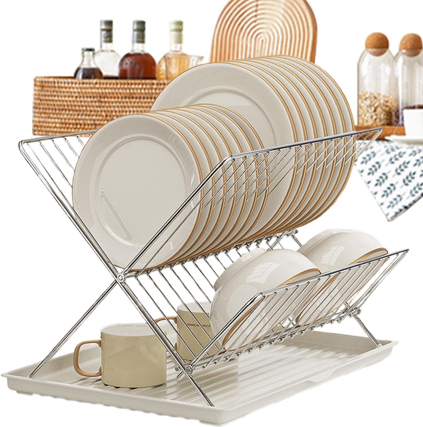 2-Tier Kitchen Drying Rack with Removable Tray – Foldable Dish Drainer