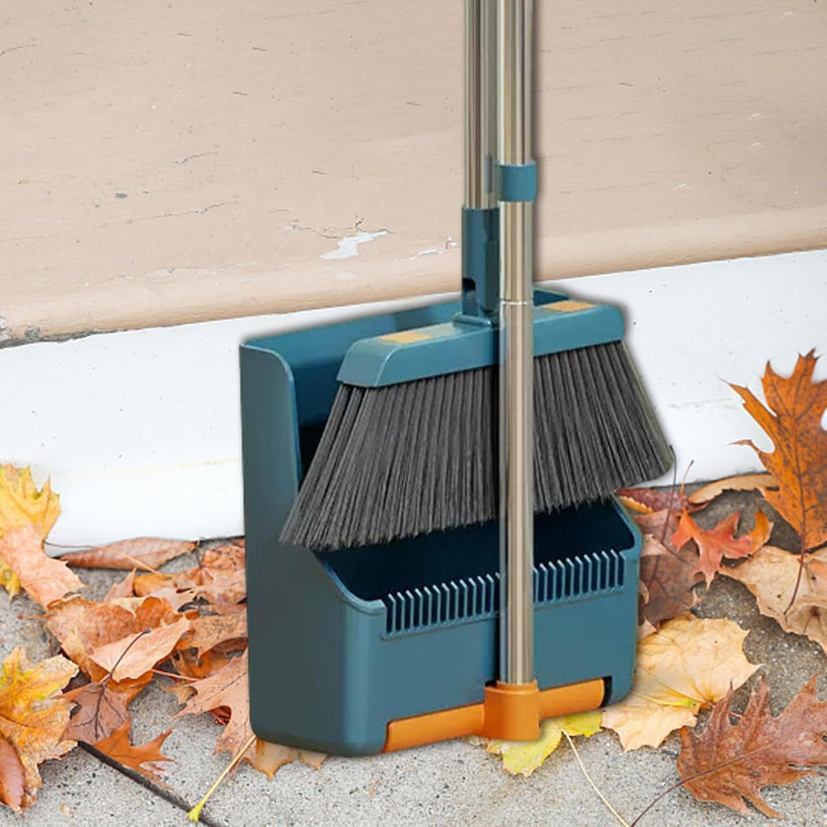 Broom and Dustpan Set with Long Handle and 180° Swiveling Head