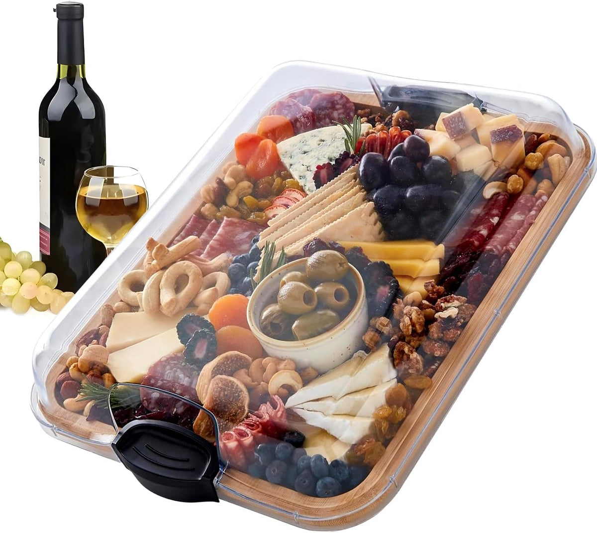 Lockable Clear Lid Bamboo Serving Tray for Charcuterie