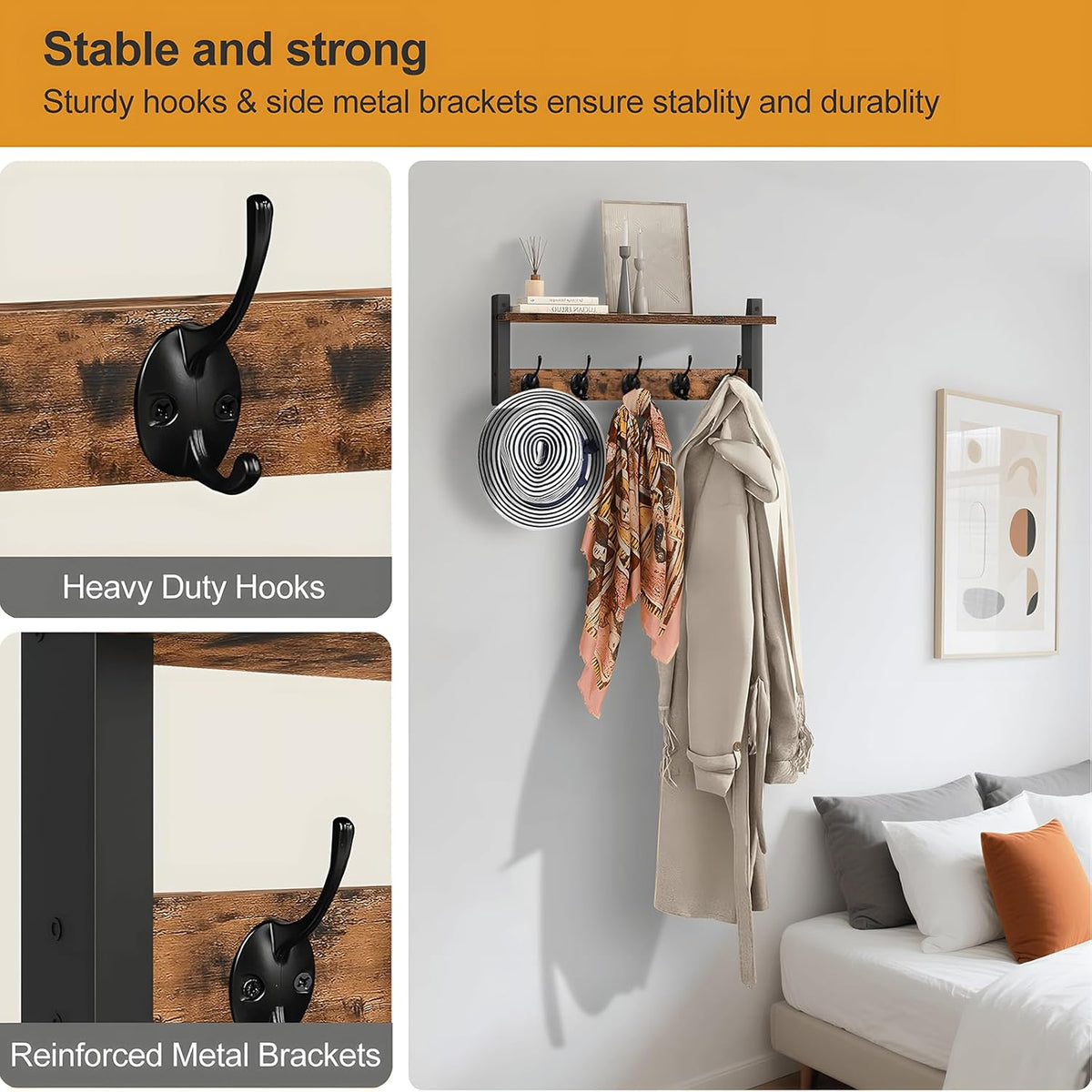 Coat Rack with Shelf and 5 Metal Hooks for Wall Mounting