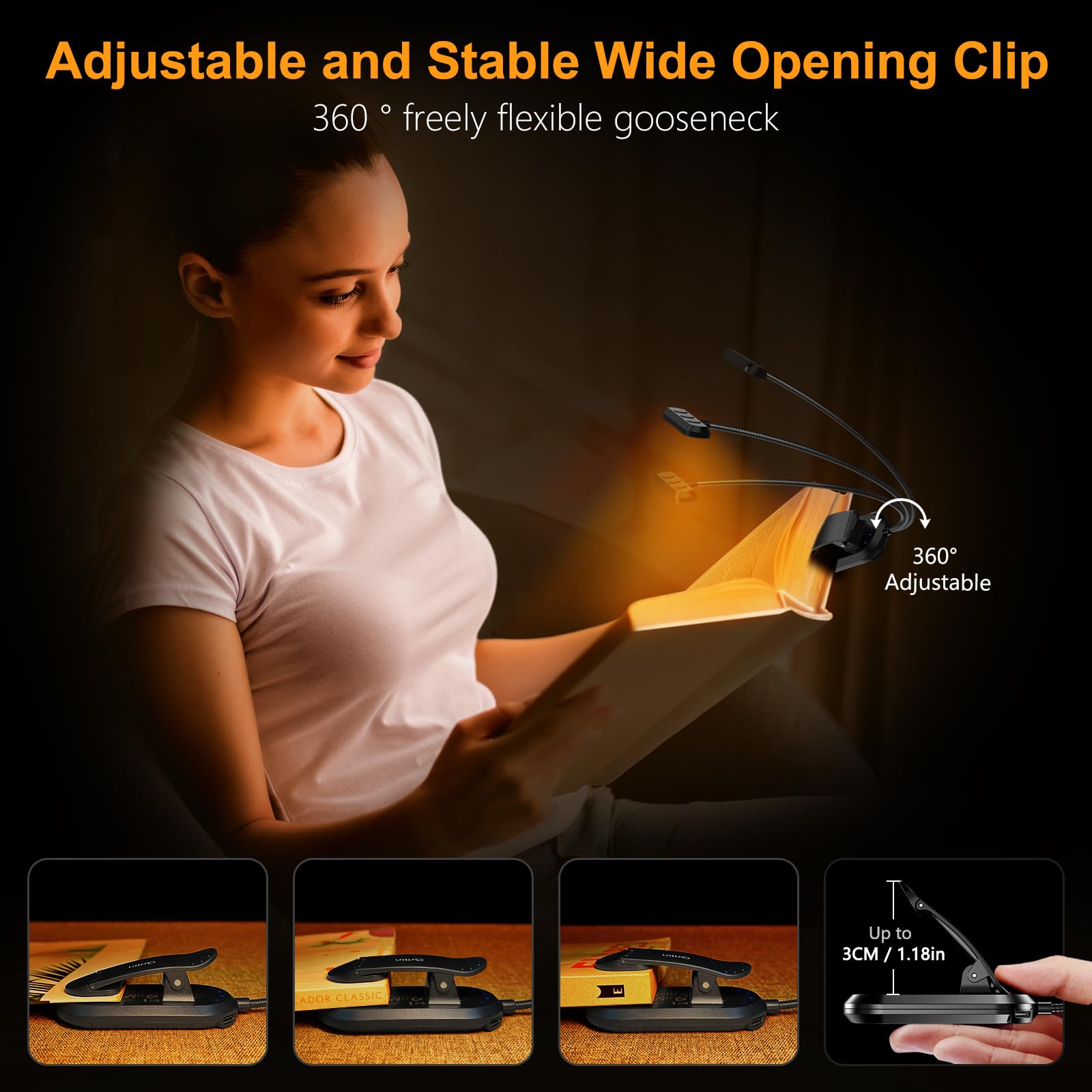 LumiRead Rechargeable Reading Light – Adjustable Brightness & Color Options
