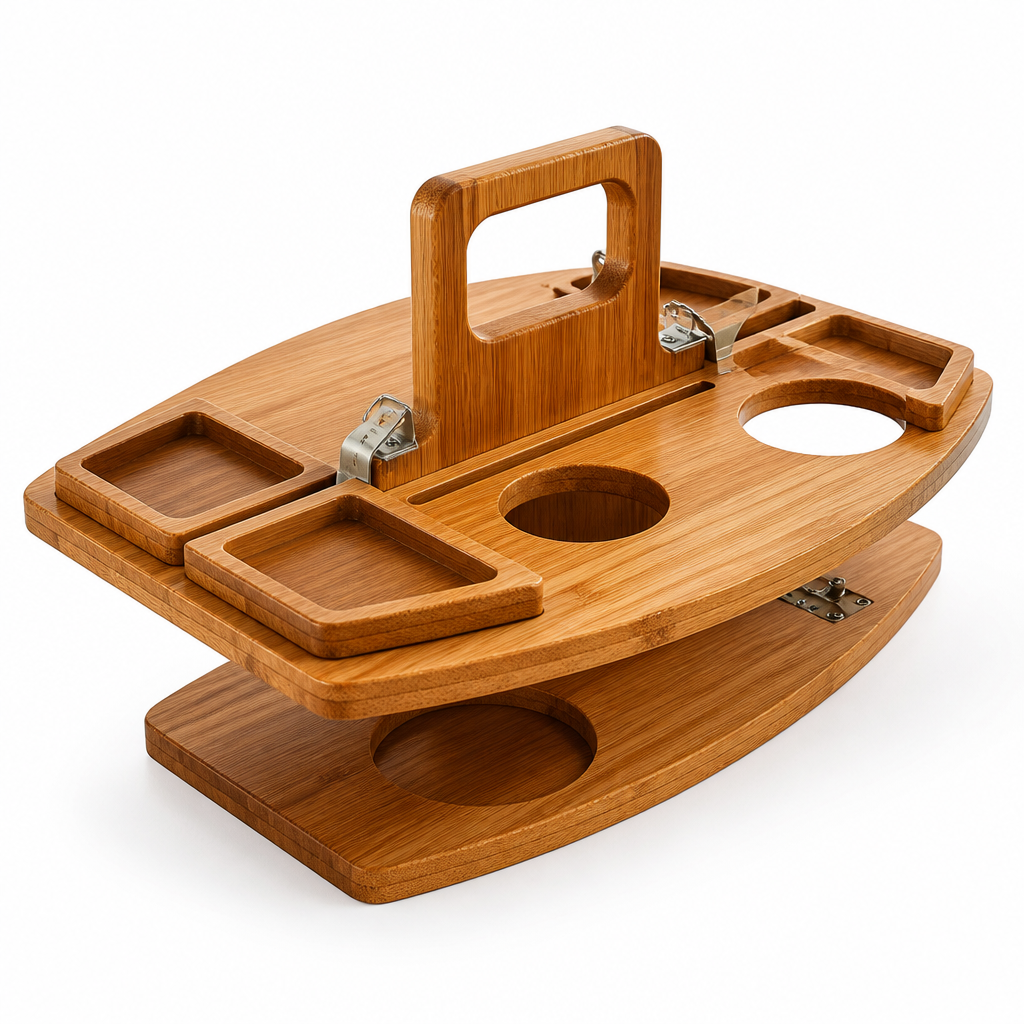 Wood-Grain Foldable Outdoor Table With Built-In Drink Holders (4 Snack Compartments)