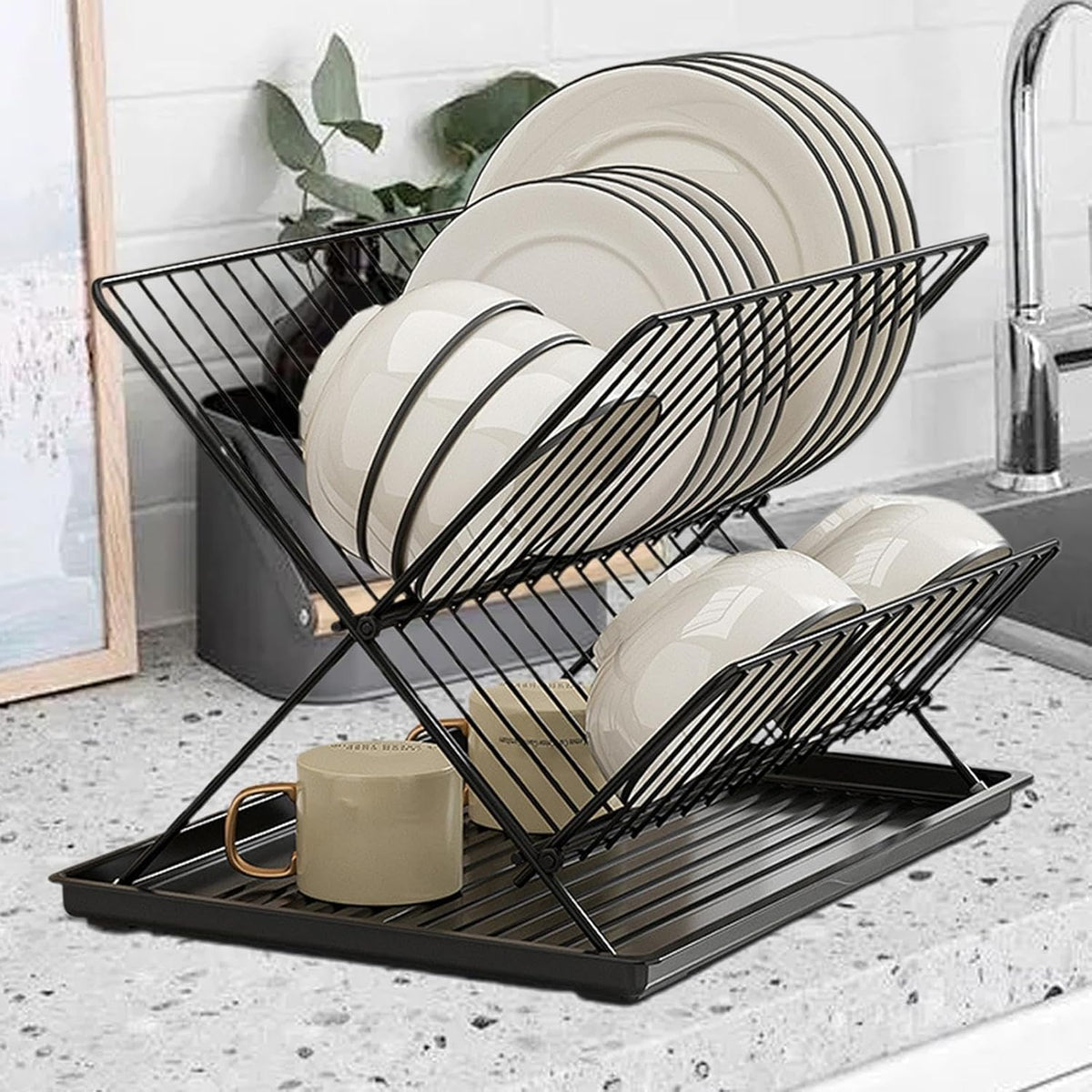 2-Tier Kitchen Drying Rack with Removable Tray – Foldable Dish Drainer