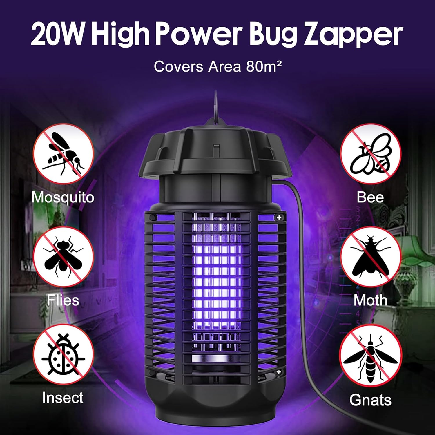 20W Electric Insect Trap with UV Light and 4200V Grid, Waterproof IPX4
